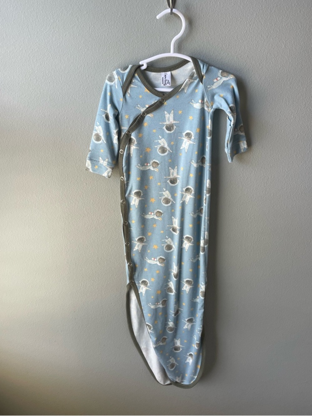Copper Pearl // Boys Soft Knotted Gown 
‘Neil’ Astronaut Print with Mitten Cuffs